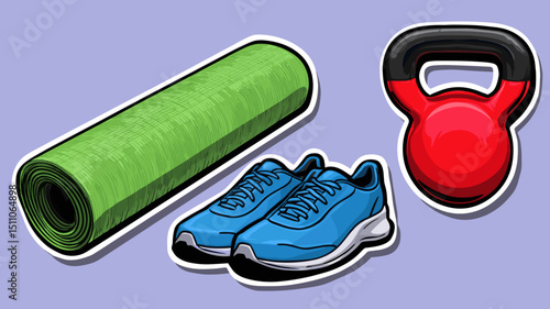 Colorful fitness equipment includes a yoga mat, running shoes, and a kettlebell for effective home workouts