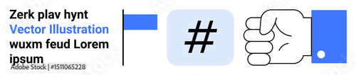 Bold metadata tag symbol, text elements, and simple hand gesture in a modern layout. Ideal for social media, communication, digital marketing, branding, online platforms, content creation simple