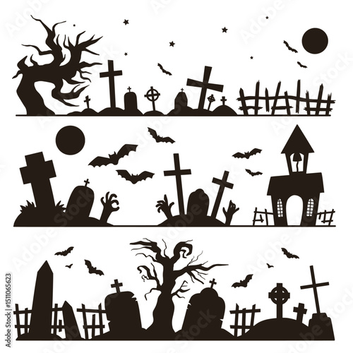 Spooky Halloween vector illustration set with haunted castle, silhouetted trees, bats, and scary pumpkins under a dark, moonlit night