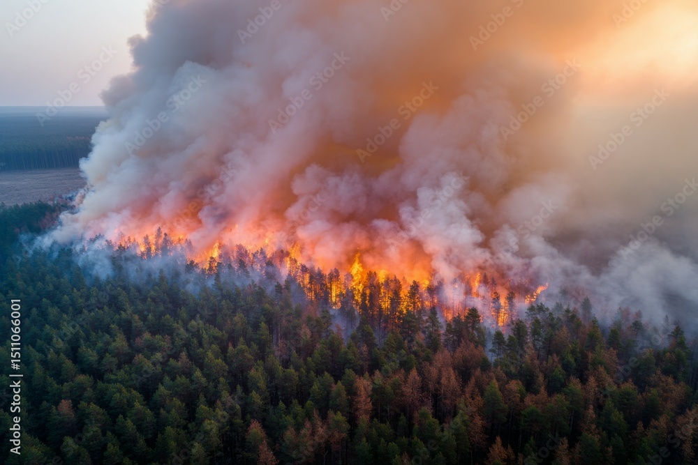 Fototapeta premium Catastrophic pine forest fire. Smoke and orange flames rise high. Natural disaster.
