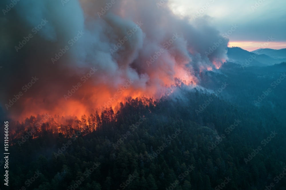 Fototapeta premium Catastrophic pine forest fire. Smoke and orange flames rise high. Natural disaster.