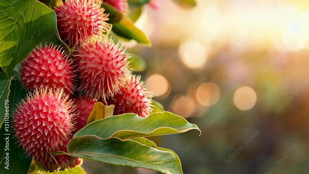 Rambutan Fruit on Branch: Close-up of vibrant red rambutan fruits on a branch, with lush green leaves and a sunlit bokeh background, showcasing the exotic beauty of this tropical fruit. Rambutan Fruit on Branch: Close-up of vibrant red rambutan fruits on a branch, with lush green leaves and a sunlit bokeh background, showcasing the exotic beauty of this tropical fruit.
