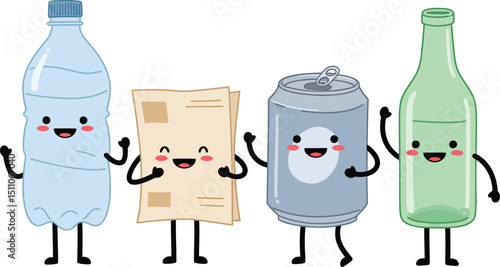 Smiling plastic bottle newspaper aluminum can and glass bottle with arms happy recycling concept vector illustration