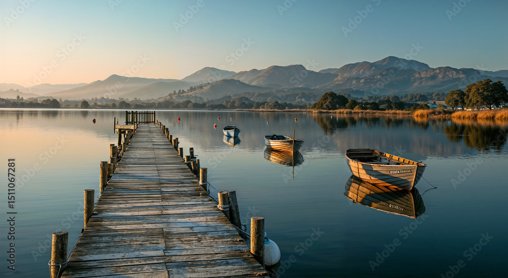 Naklejka premium Quiet Morning: Lake Pier and Moored Boats