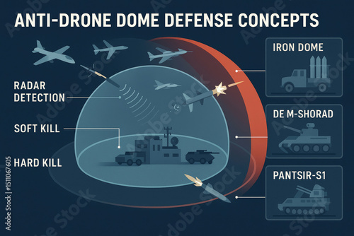 Anti drone dome defense system protecting military base and civilian infrastructures using radar detection, soft kill and hard kill methods to intercept enemy aircraft.