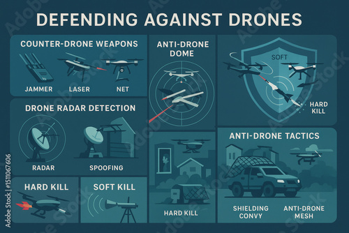 Depicting various counter drone weapons and tactics like radar detection, spoofing, soft and hard kill methods, and shielding convoys for UAV defense.