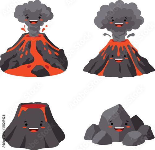 Volcano illustration set with lava eruption and smiling rocks in cartoon style vector design