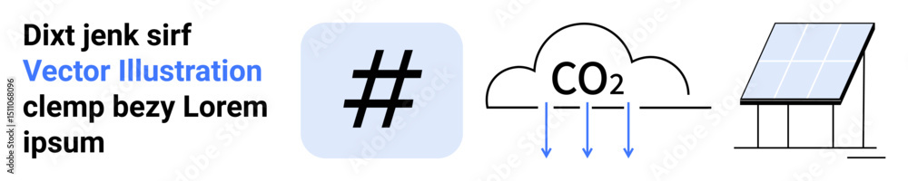 Obraz premium Solar panel next to cloud with CO2 arrows downwards and metadata tag on square. Ideal for sustainability, climate change, technology, renewable energy, eco-friendly practices, environment, simple