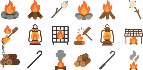 Cozy campfire icons for camping and outdoor adventure designs