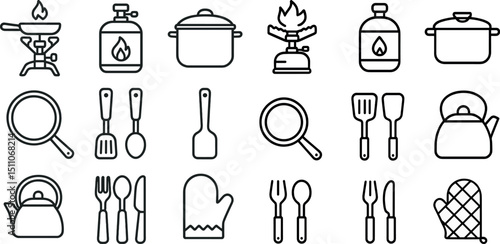 Essential camping cookware and utensils icons for outdoor adventure design