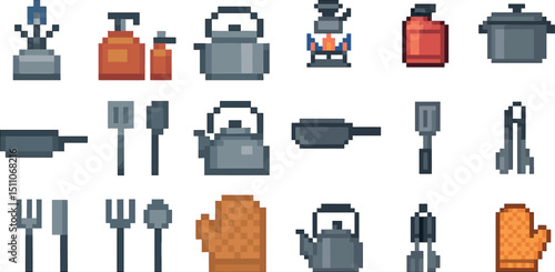Retro pixel art kitchen tools and appliances for creative design projects