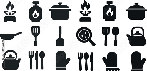 Black silhouette icons of kitchen utensils and appliances for cooking design