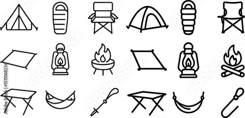 Camping gear icons for outdoor adventure and trip planning