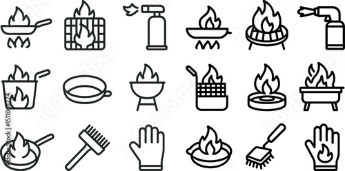 Collection of fire safety and cooking icons for outdoor barbecue design