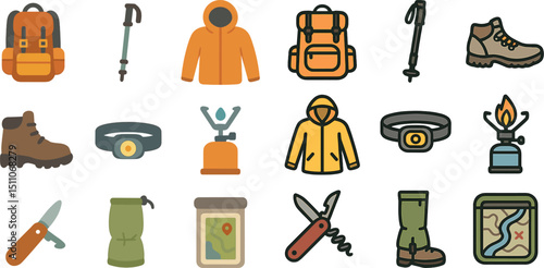 Outdoor adventure gear icons for hiking and camping design projects