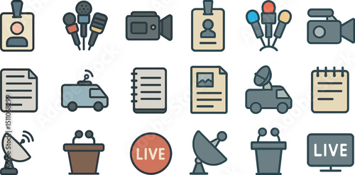 Media and communication icons set for broadcasting and journalism themes