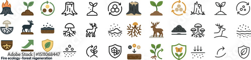Forest regeneration and fire ecology icons for environmental awareness