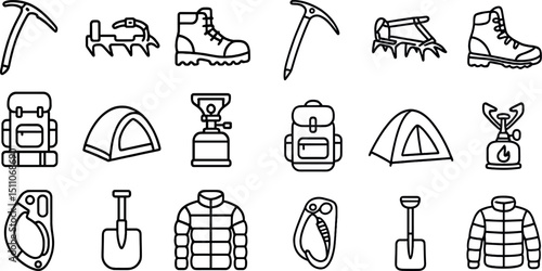 Essential camping gear and equipment icons for outdoor adventure and exploration
