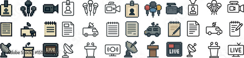 Pixel art icons of communication, broadcasting, and media devices for digital design