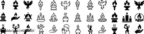 Diverse icons of flames, torches, and rituals for creative design projects