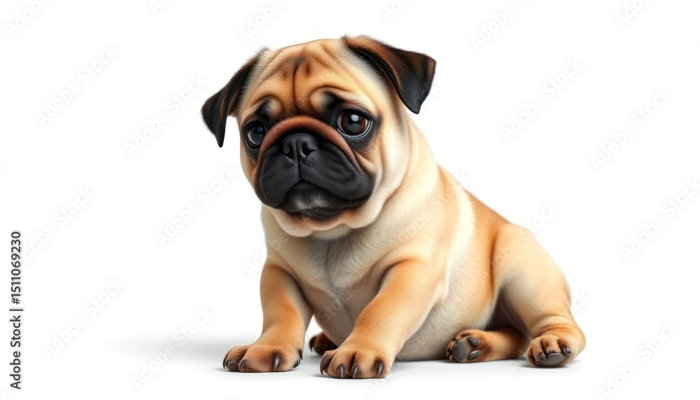 Obraz premium Adorable Pug Puppy Sitting on a White Background in Studio Lighting