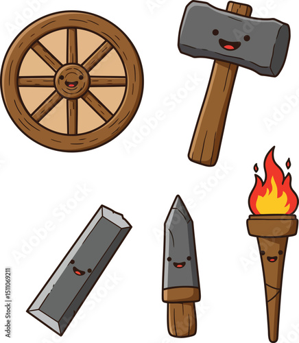 Cartoon style hammer wheel stone and torch tools with smiling faces vector illustration design