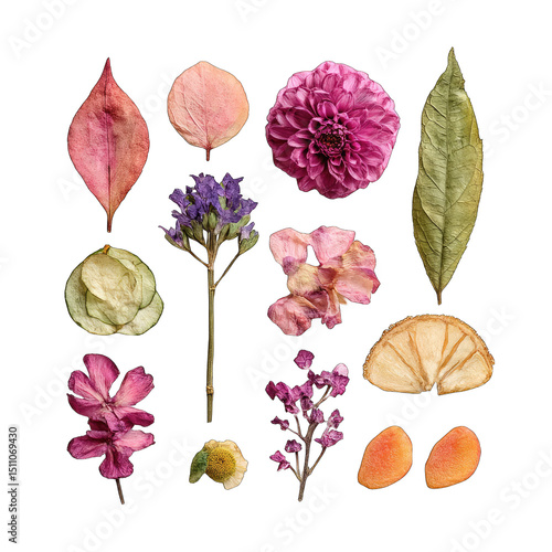 Arrangement of pressed flowers and leaves in muted colors