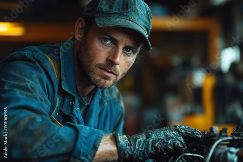 Man in blue shirt and hat fixing a car.