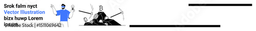 Miner in hard hat holding pickaxe with scattered rocks and treasure chest. Ideal for mining, labor, discovery, perseverance, adventure, resource extraction, simple landing page