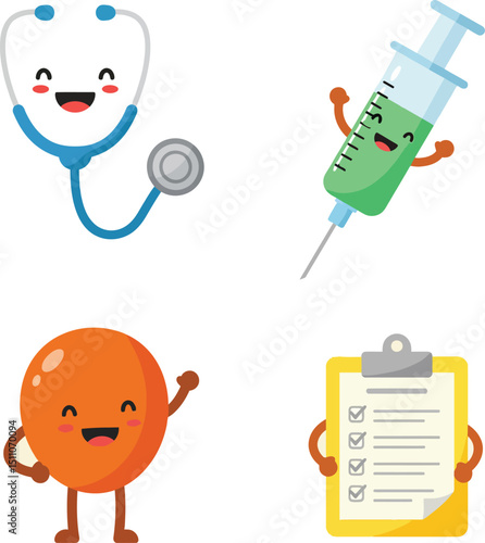 Medical and healthcare cartoon characters stethoscope syringe blood cell and checklist vector illustration