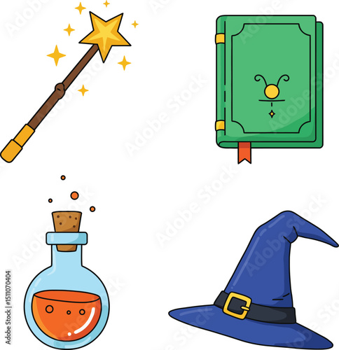 Magic wand, wizard hat, spell book, and potion bottle vector illustration for fantasy themes and mystical designs
