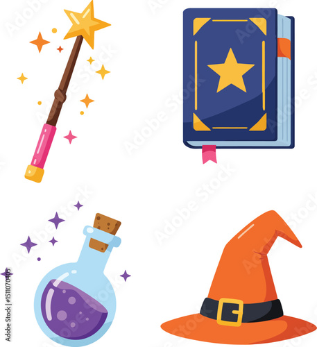 Magic wand potion bottle wizard hat and spell book vector illustration with fantasy theme elements