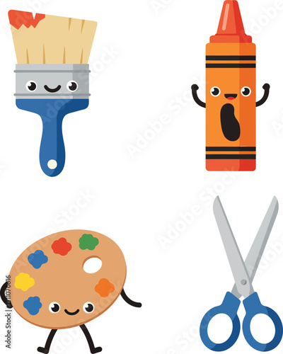 Happy art supplies with paintbrush, crayon, palette, and scissors smiling cartoon vector illustration