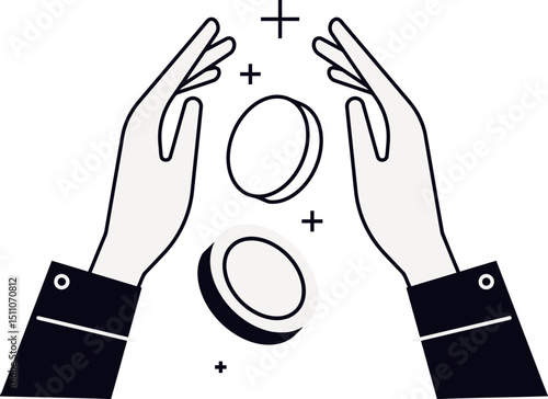 Magic hands coin trick illusion mystery performance stage show entertainment sleight hand conjuring skill art 100 vector art illustration