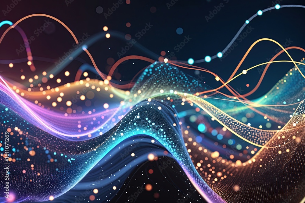 Fototapeta premium Chromatic Wave Intertwined with Moving Dots, Lines, and Streams of Particles in a Digital Experience