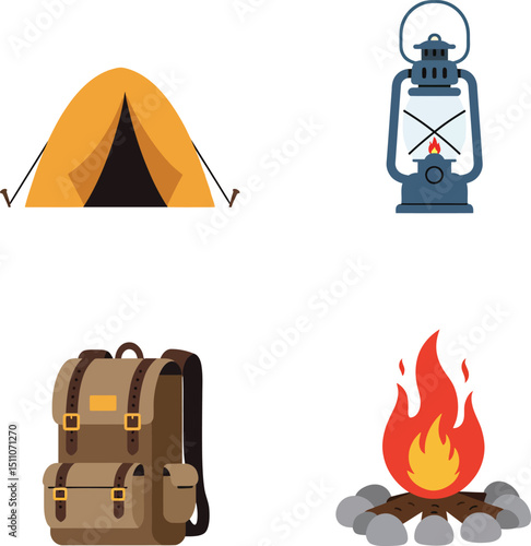 Camping essentials set with tent lantern backpack and campfire for outdoor adventure and hiking activities vector illustration