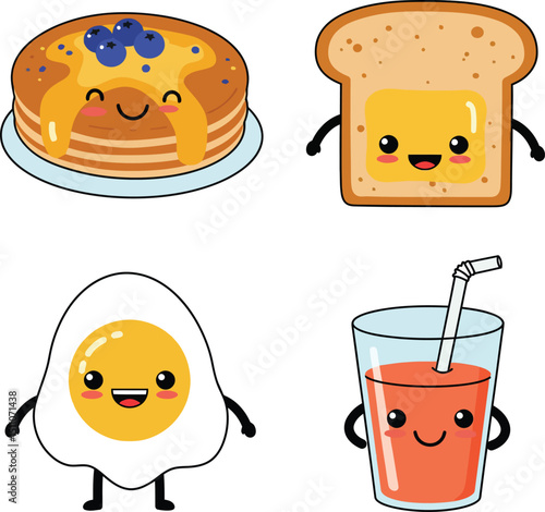 Cute happy breakfast food characters with pancakes toast egg and juice illustration vector