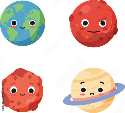 Cute cartoon planets Earth Mars and Saturn with rings smiling and playful space characters vector illustration