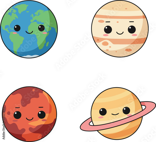 Cute cartoon planets Earth Mars Jupiter and Saturn vector illustration with smiling faces and cheerful expressions