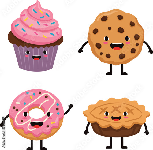 Cute cupcake chocolate chip cookie donut and pie cartoon characters vector illustration with happy expressions