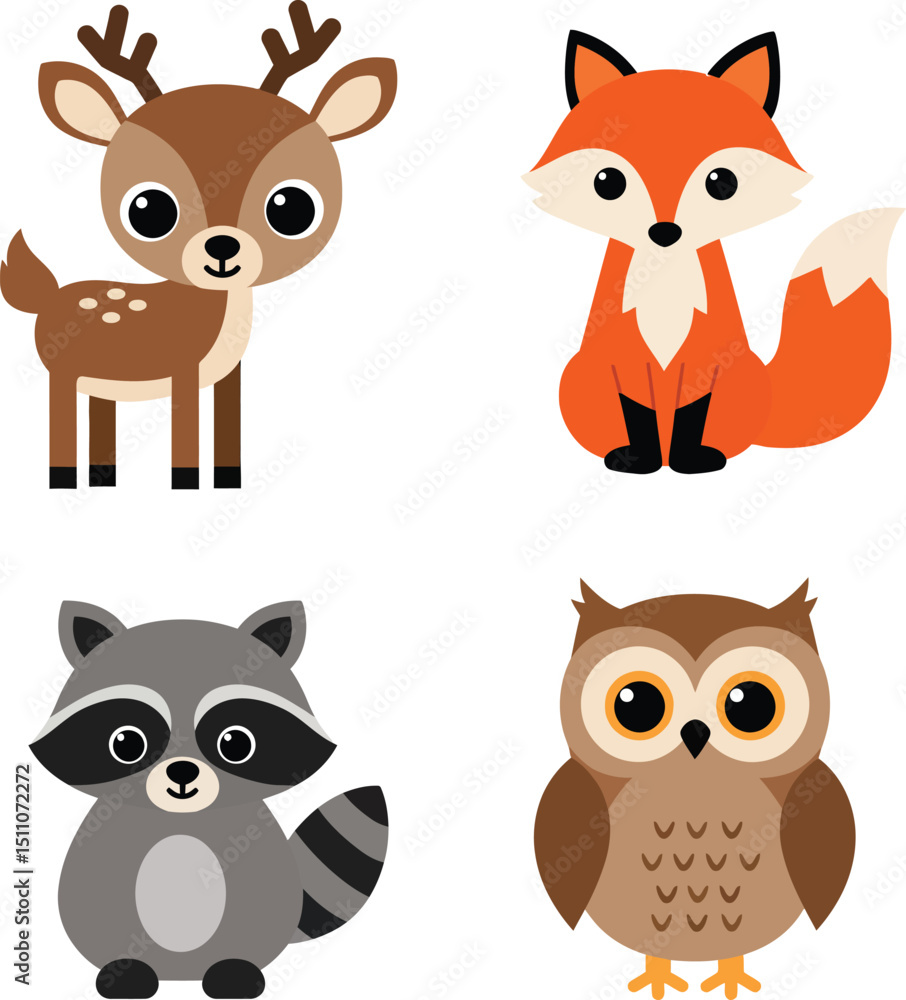 Fototapeta premium Cute woodland animals set with deer fox raccoon and owl vector illustration for children and nature designs