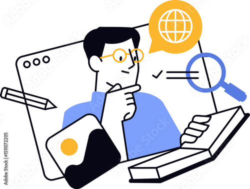 Illustration of a man planning website design seo content strategy with search and checklist and images vector art illustration
