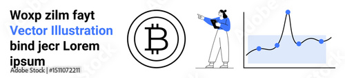 Bitcoin logo, a person pointing, and a fluctuating line graph illustrating cryptocurrency trends and analysis. Ideal for investment, finance, blockchain, cryptocurrency, marketing, technology simple
