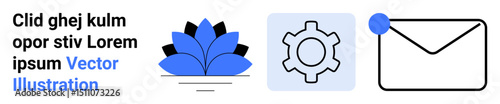 Blue flower, outlined gear, and envelope with notification point suggest creativity, connectivity, and efficiency. Ideal for communication, networking, productivity, notifications organization