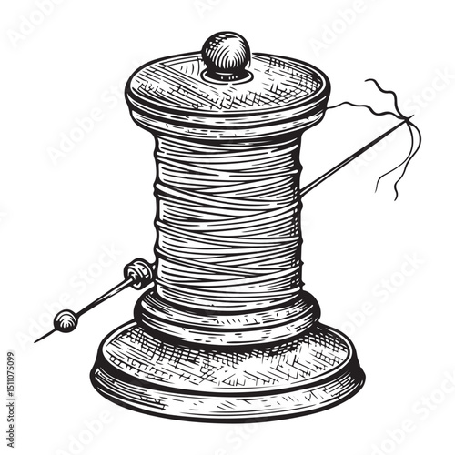 Vintage Sewing Thread and Needle Illustration Retro Craft Supplies in Black and White, Illustration Of A Spool Of Thread