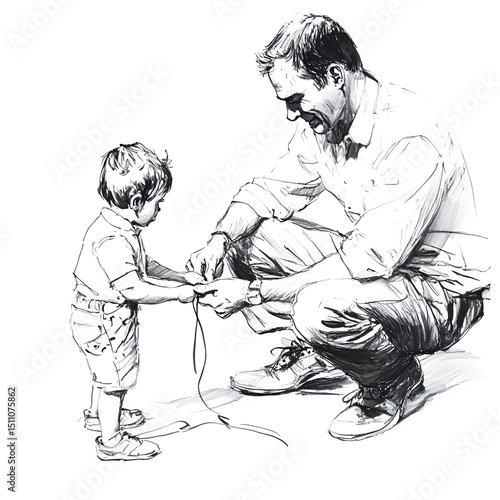 fine black ink sketch of dad tying child?s shoelaces, viewed from side, soft and emotional, clean white background, --raw