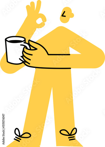 Yellow figure holding coffee illustration cartoon person drink cup ok hand gesture vector graphic art vector art illustration