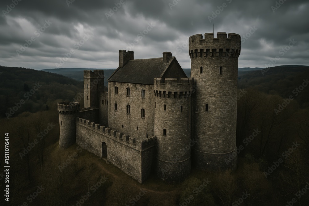 Majestic castle overlooking dense forest under cloudy sky Majestic castle overlooking dense forest under cloudy sky