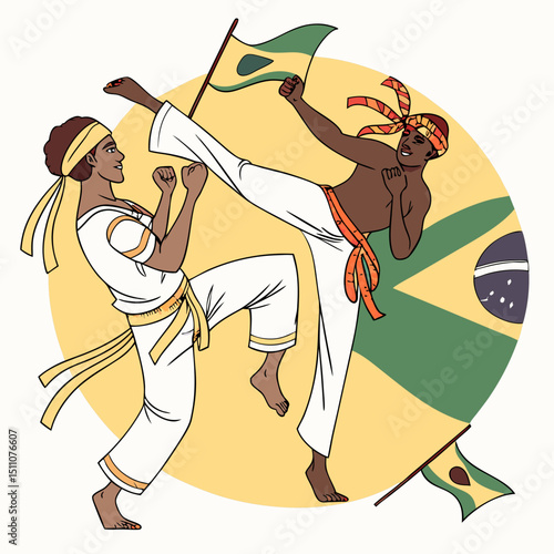 Two capoeira fighters in action with brazilian flag in the background