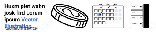 Coin indicates monetary value, calendar marks scheduling importance, server shows data storage or hosting. Ideal for finance, planning, scheduling, database management, technology, productivity